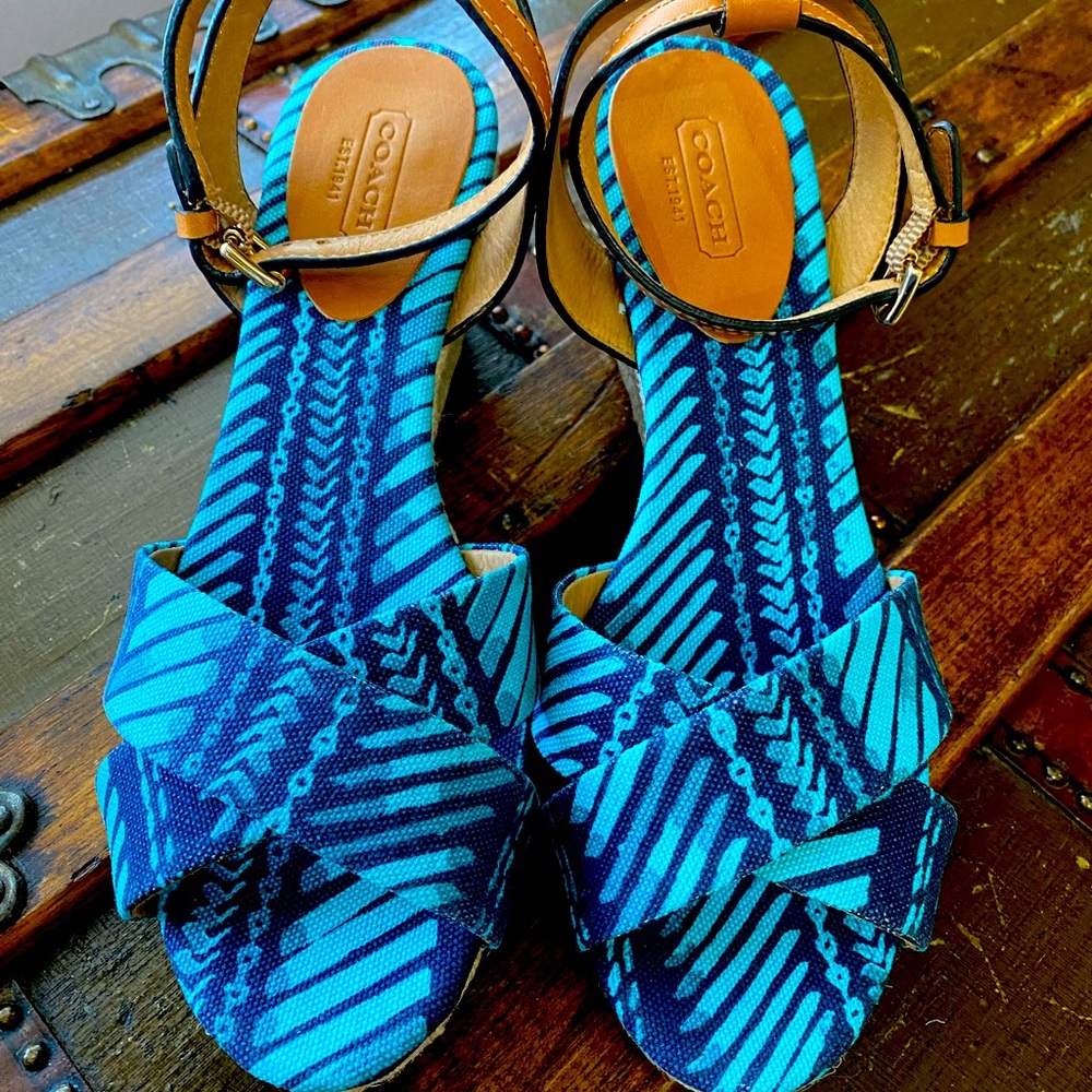 Coach Henley turquoise/blue print fabric wedge sandals, 7 1/2